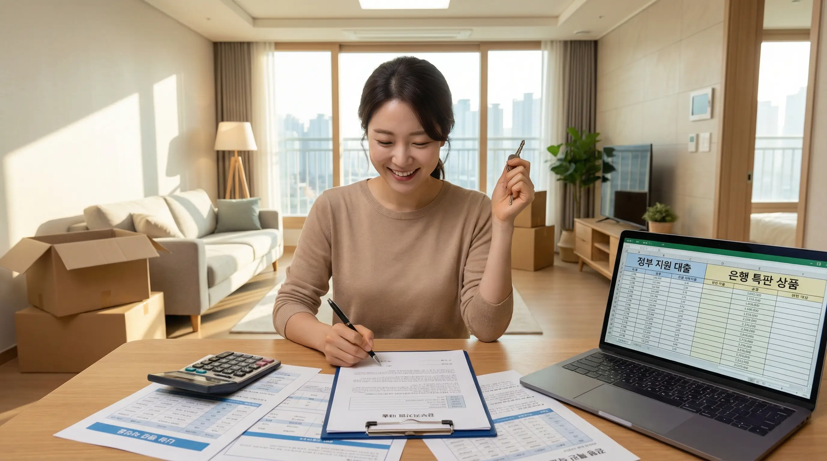 정부 지원 대출과 은행 특판 상품을 비교하여 최적의 조건으로 내 집 계약에 성공한 1인 가구의 모습