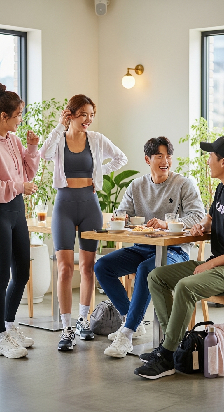 운동 후 카페에서 친구들과 즐겁게 이야기하는 애슬레저 룩 코디들