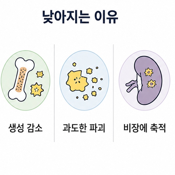혈소판이 낮아지는 세 가지 이유, 골수에서의 생성 감소와 과도한 파괴, 비장 축적을 나눈 도표