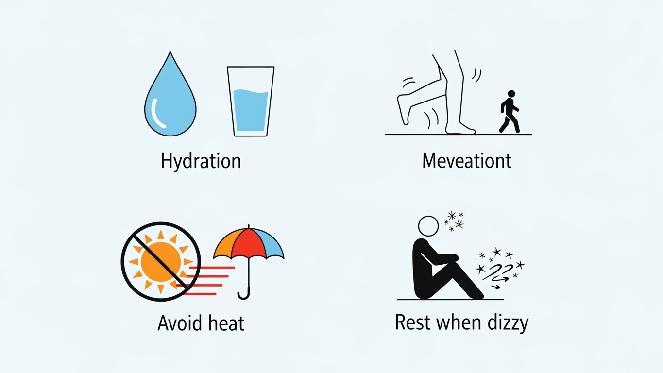 수분 섭취,-다리-움직임,-더위-피하기,-어지러울-때-휴식하기-등을-나타내는-아이콘을-보여주는-깔끔한-인포그래픽-입니다.