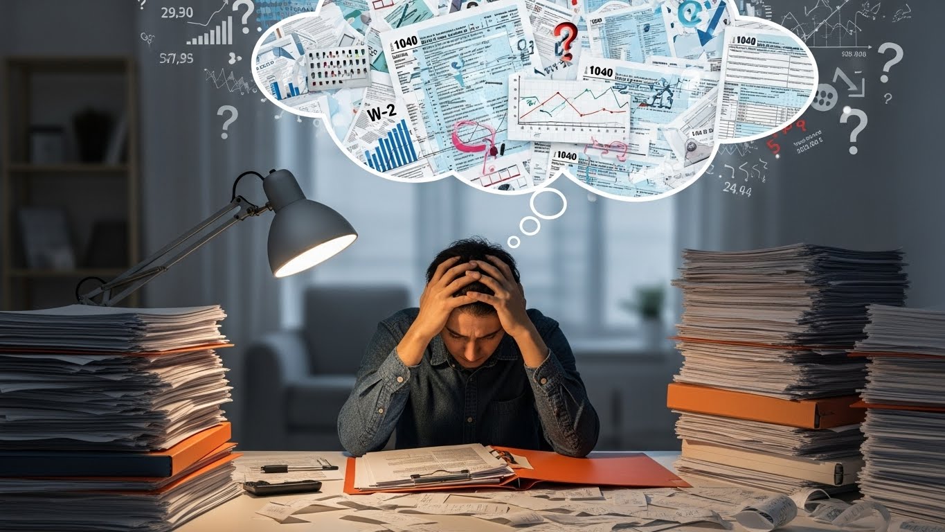 복잡한 연말정산 서류 앞에서 스트레스 받는 직장인