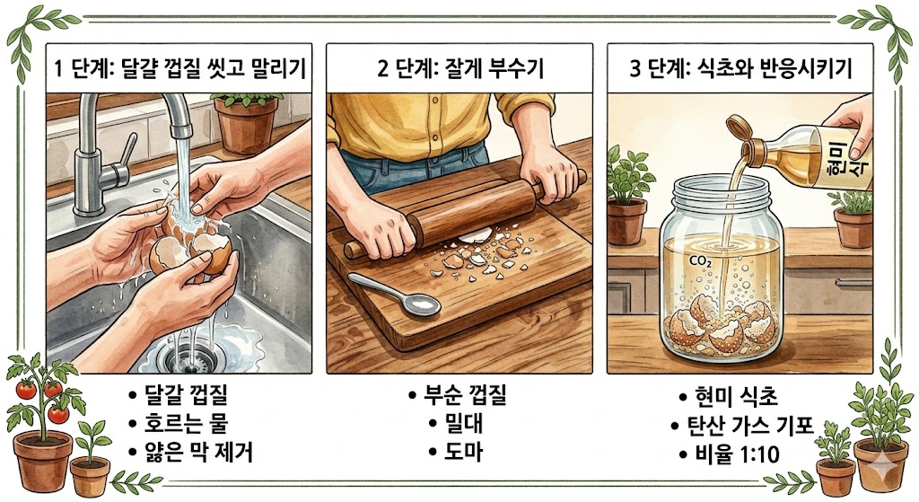 유리병 속에서 달걀껍질 가루와 식초가 만나 이산화탄소 거품을 일으키며 수용성 칼슘제로 변하는 과정을 그린 설명 삽화