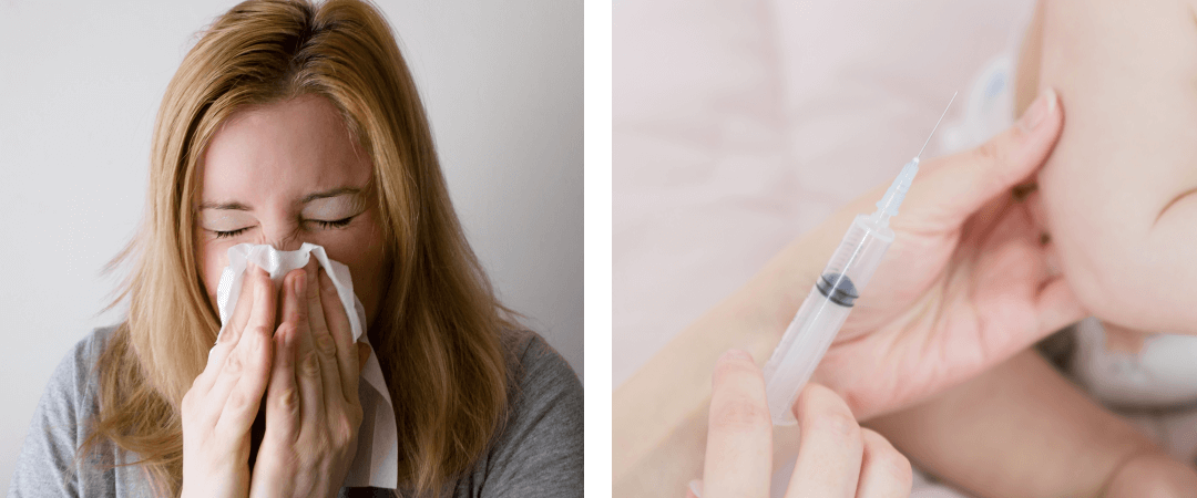 알레르기로 재채기하는 사진&#44; 주사 놓는 사진