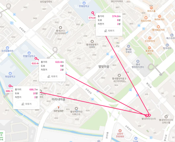 별내자이더스타에서 초, 중학교까지 도보 소요시간