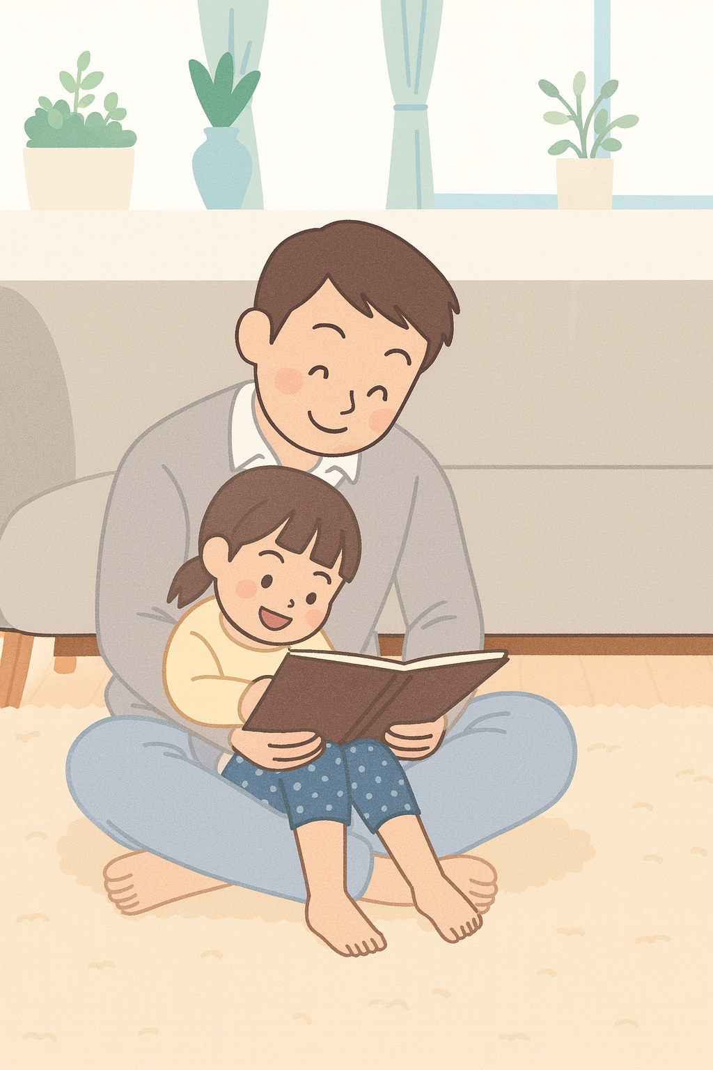 아빠가 아이에게 책을 읽어주는 모습입니다.