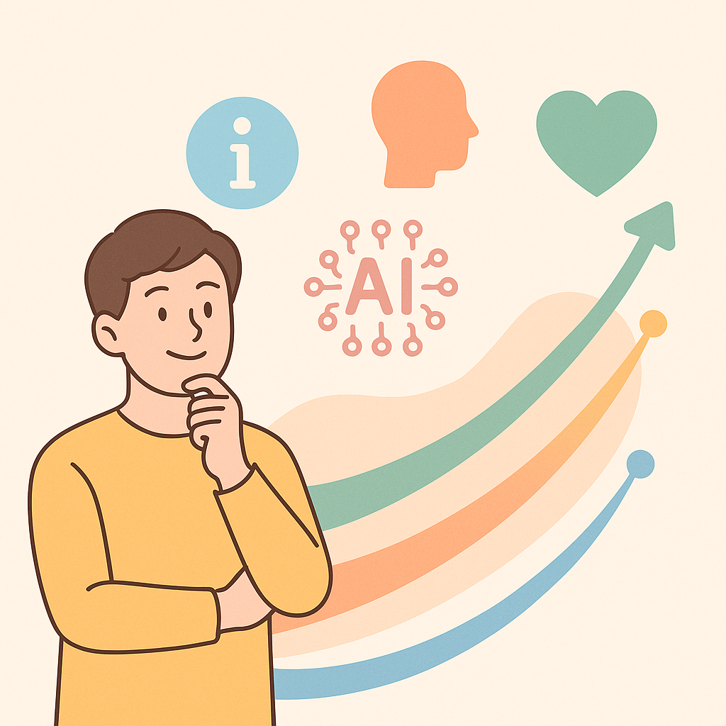 부드러운 파스텔톤 곡선 그래프와 함께 정보, AI, 감성 아이콘이 배치된 친근한 일러스트 &ndash; 콘텐츠 트렌드의 조화로운 흐름을 표현한 이미지