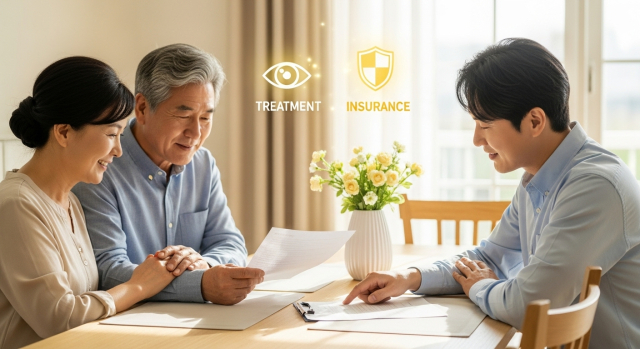 백내장 수술과 보험 준비를 마치고 안심하는 가족의 모습
