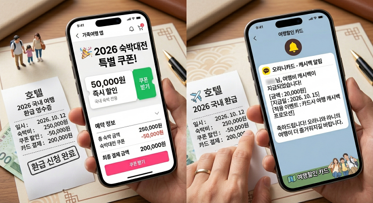 숙박대전 5만원 할인 쿠폰 및 카드사 2만원 캐시백 알림톡 화면