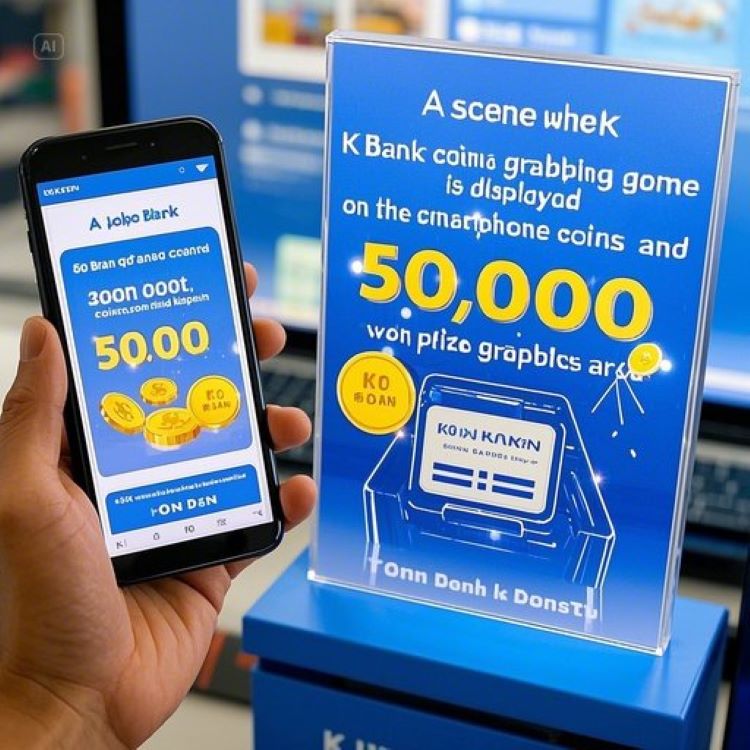 "스마트폰 화면에 케이뱅크 동전잡기 게임이 표시되고, 동전과 5만 원 상금 그래픽이 반짝이는 장면. 배경에 케이뱅크 로고와 현대적인 금융 이미지, 밝고 활기찬 분위기.”