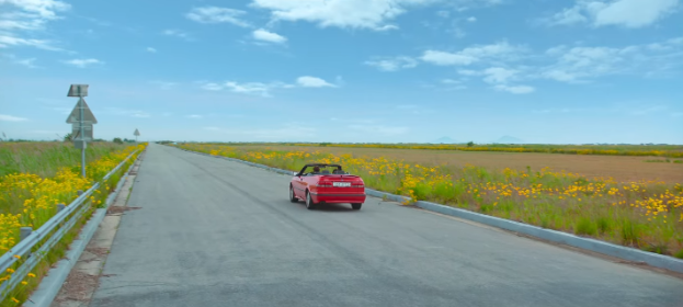 빨간 자동차가 간척지 평야의 도로에서 이동중이다