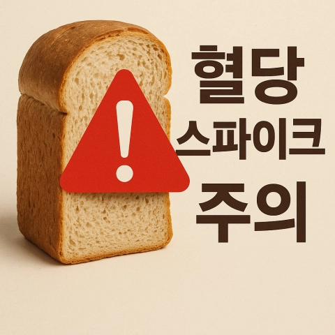 통밀빵 옆에 경고 표시와 ‘혈당 스파이크 주의’ 문구가 포함된 이미지