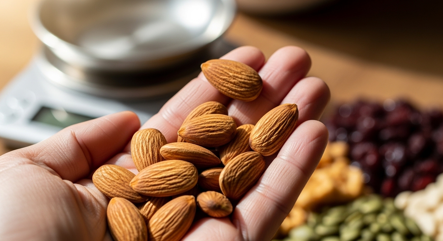 손바닥에 담긴 적정량의 아몬드. 체중 관리와 건강한 식습관을 위한 아몬드 섭취량을 나타냅니다.