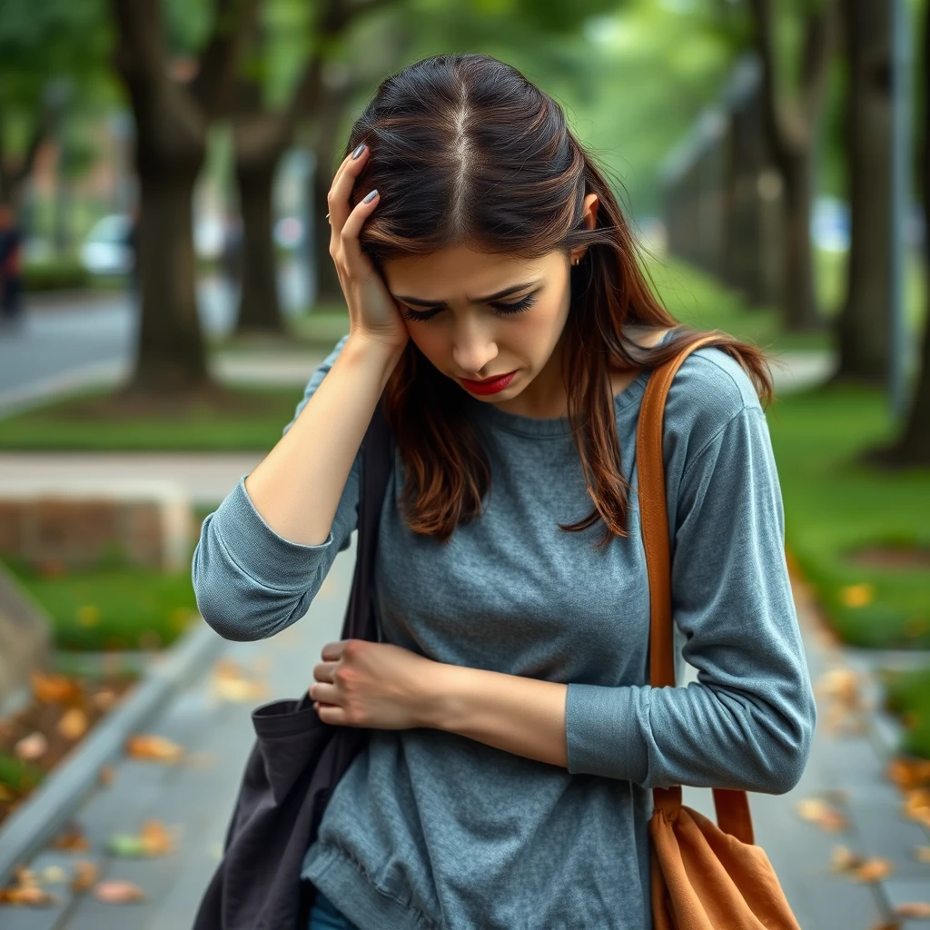 Worried woman looking down at the ground searching for a lost item