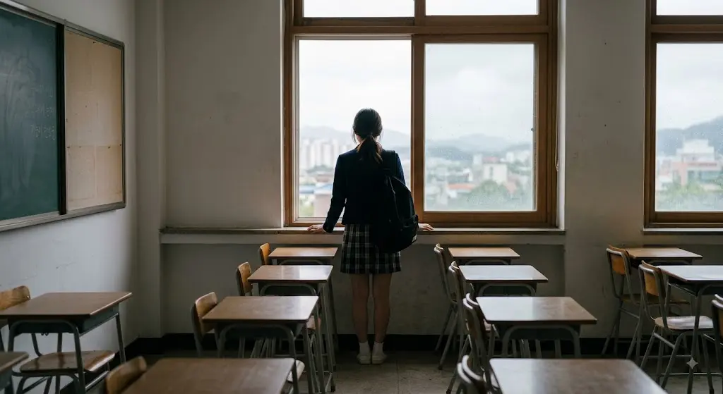 텅 빈 교실 창가에 홀로 서 있는 학생의 뒷모습, 흐린 오후 햇살이 비치는 조용한 분위기