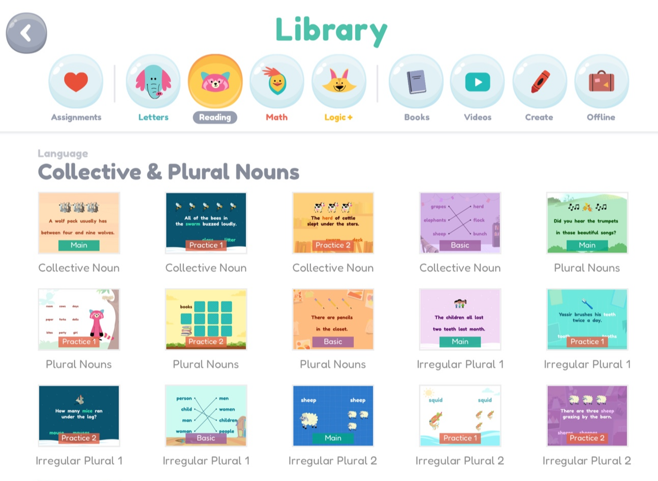 Khan Academy Kids - Language 커리큘럼을 설명하는 사진