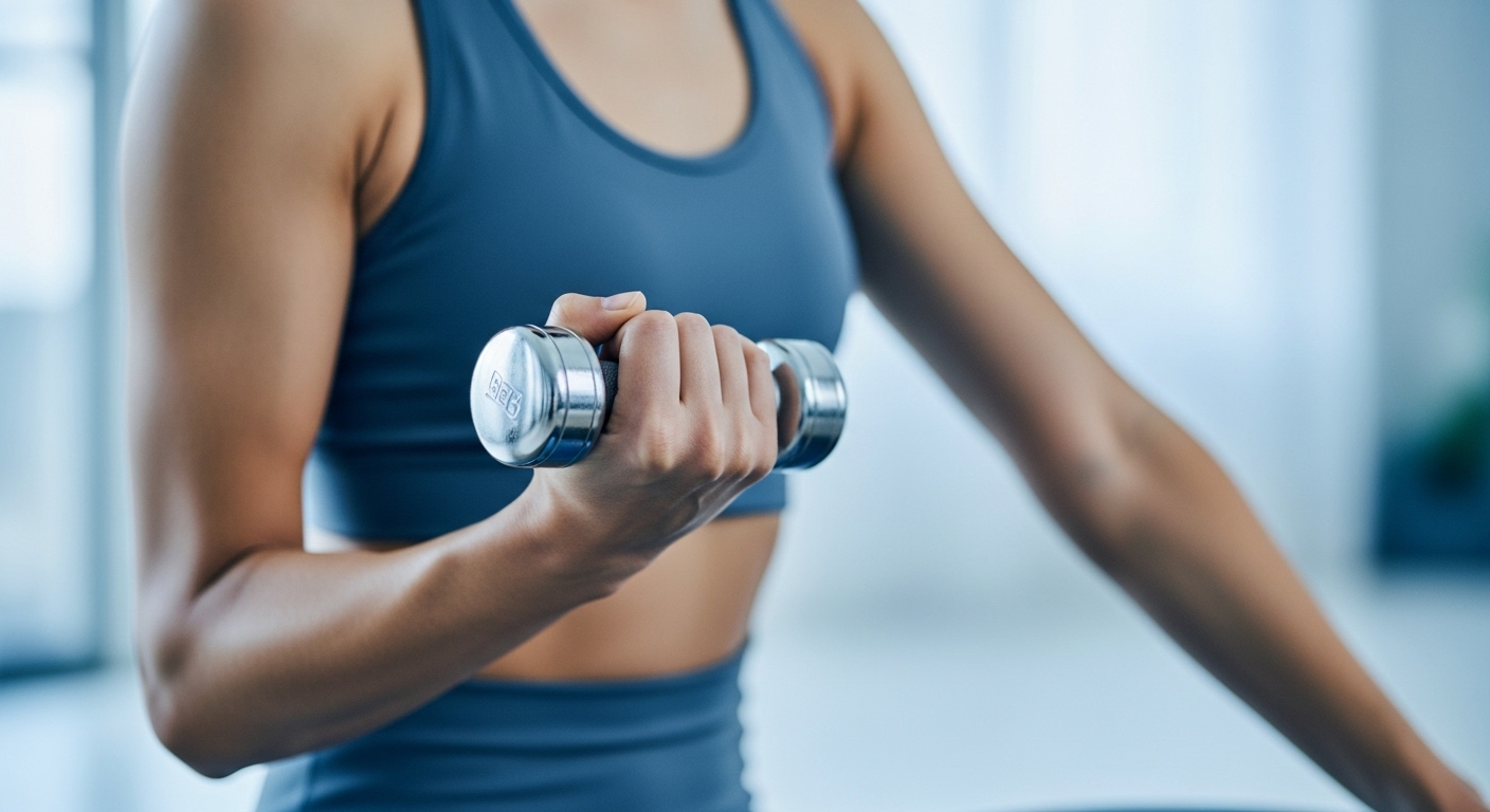 50대 여성이 가벼운 아령으로 근력 운동을 하며 뼈를 강화하는 모습