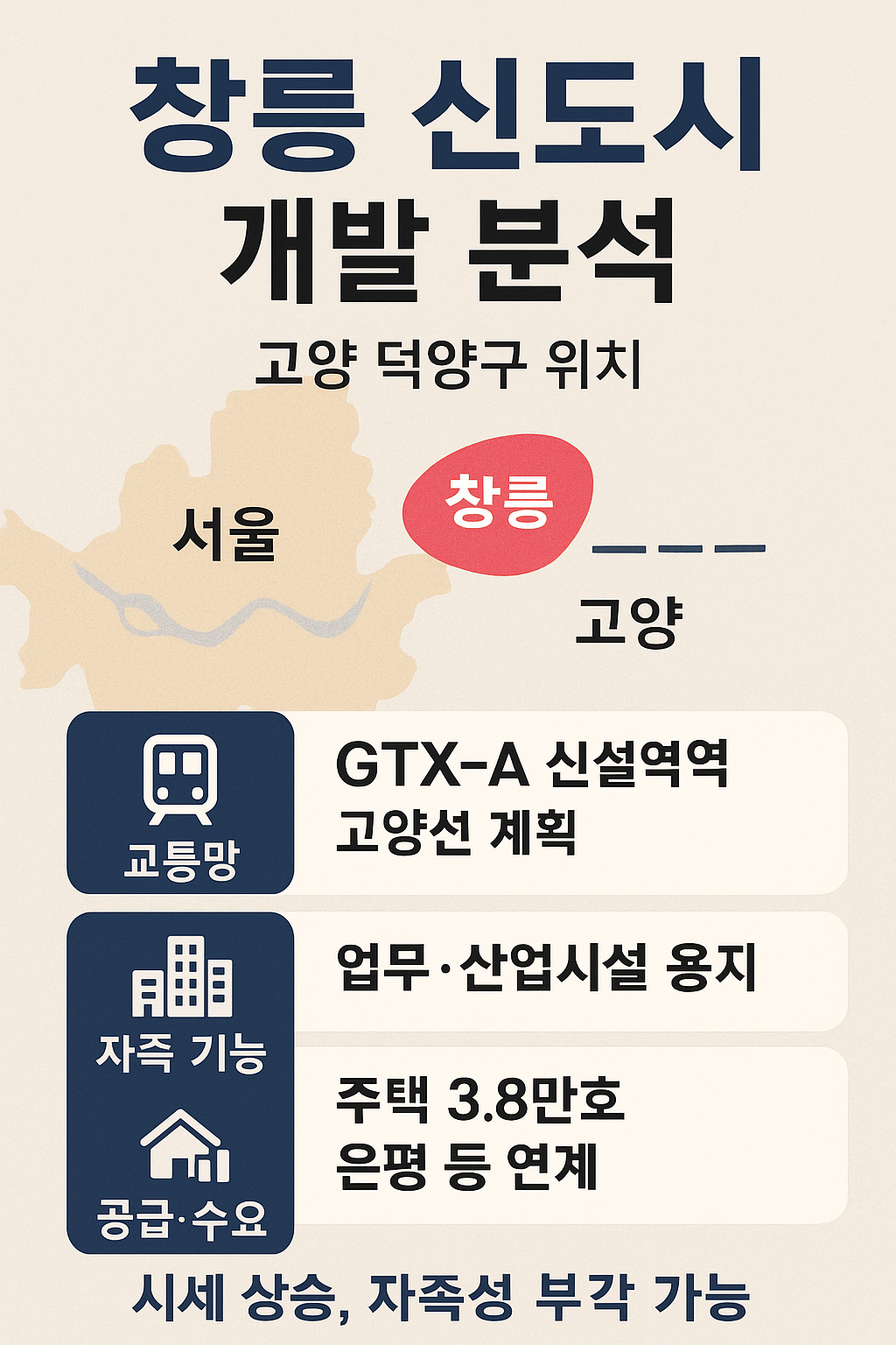 고양 창릉 3기 신도시의 위치, 교통, 자족 계획을 정리한 인포그래픽