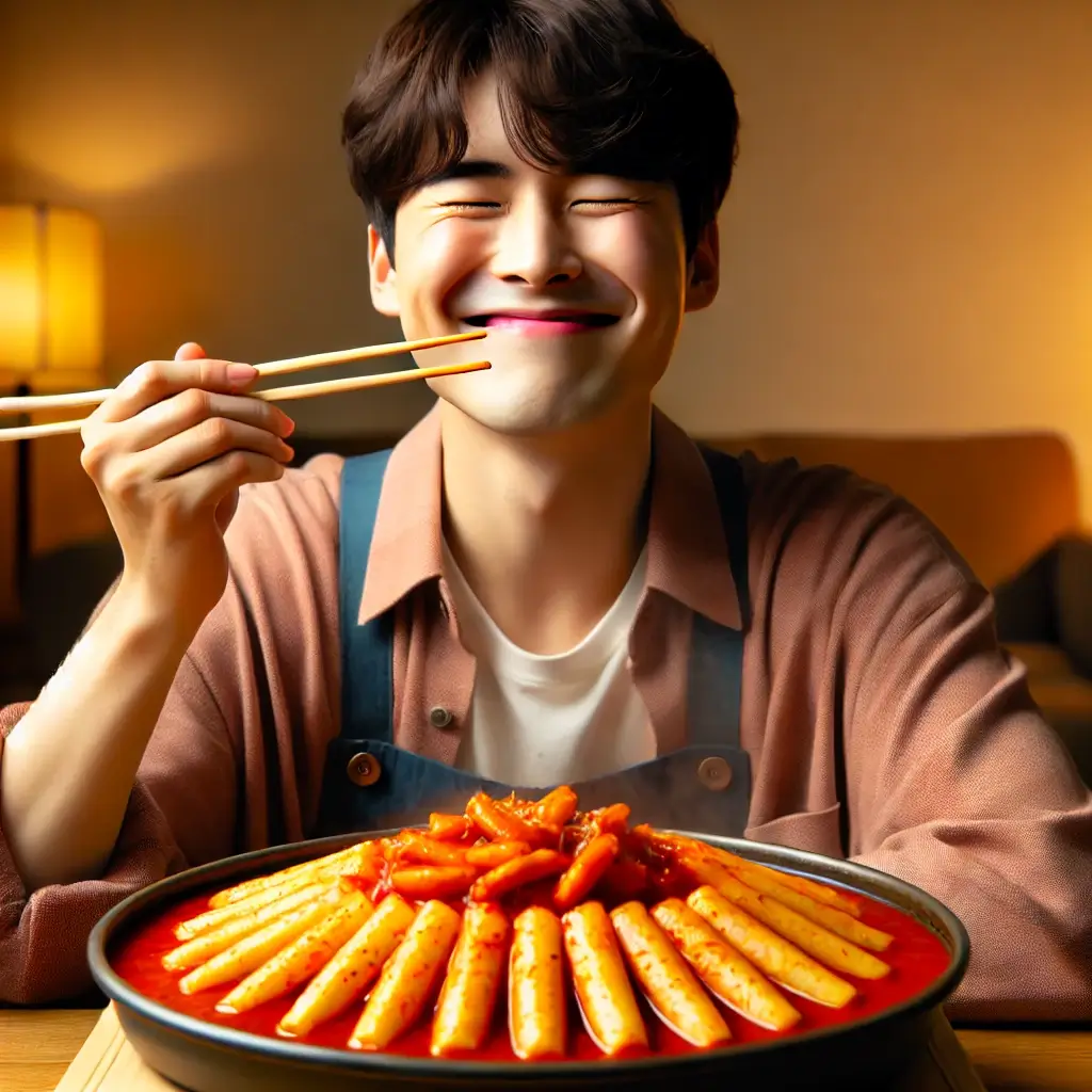 먹방 크리에이터가 앞에 떡볶이가 가득 담긴 접시를 앞에 두고 기분좋아하는 이미지