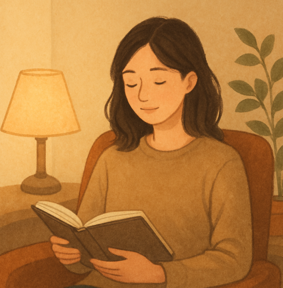 의자에 앉아 독서하고 있는 모습 사진