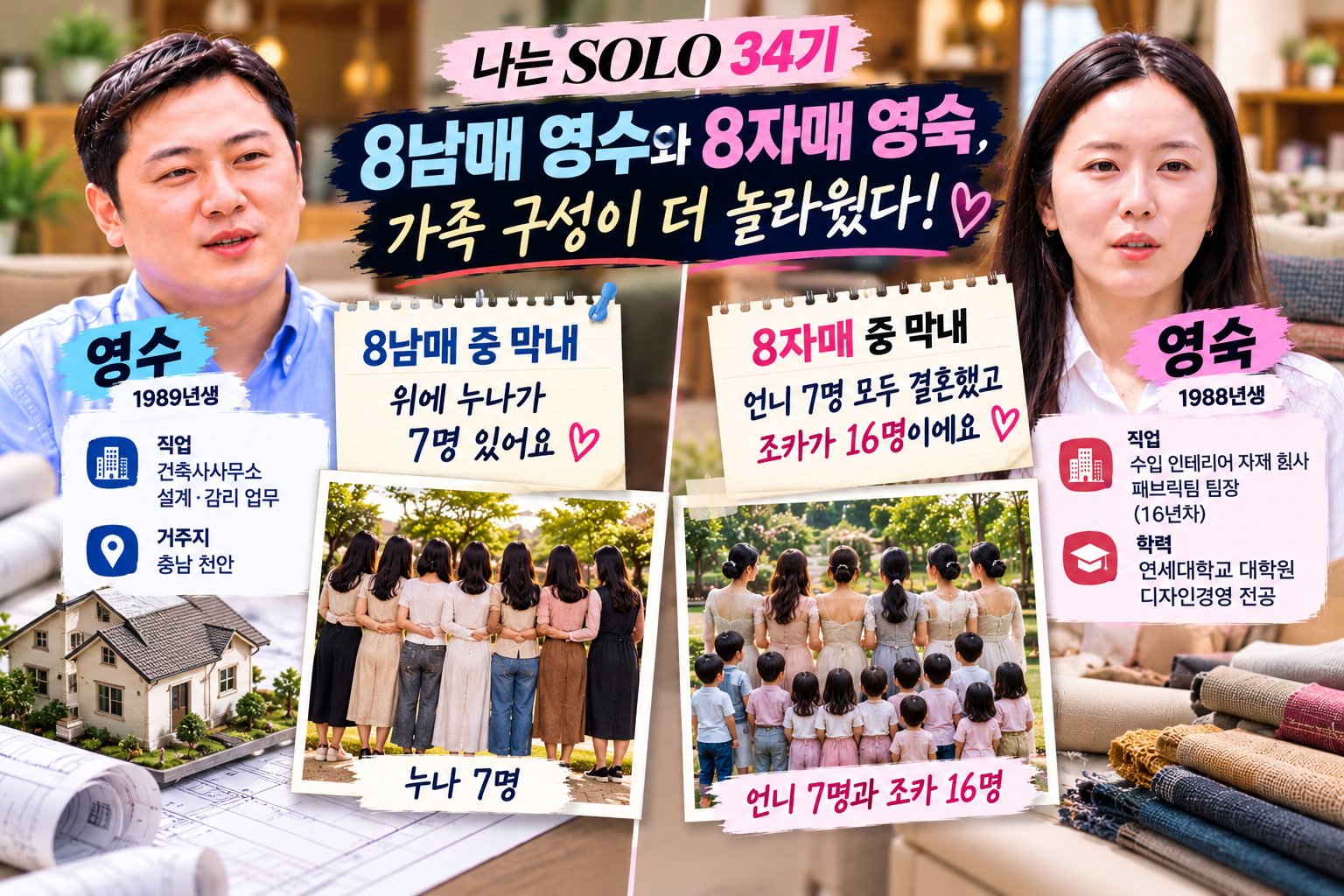 나는솔로 34기 영수 8남매 막내 누나 7명 영숙 8자매 막내 언니 7명 조카 16명 가족관계 비교