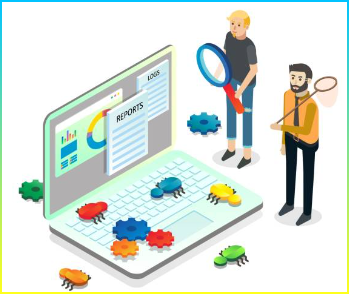 컴퓨터 화면에서 버그를 잡는 사람들, 벡터 등대 일러스트레이션. 소프트웨어 테스트, 품질 보증