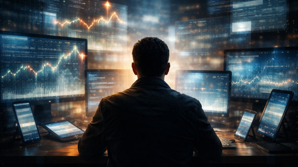 여러 개의 모니터와 스마트폰에 숫자와 차트가 겹쳐 보이며 정보에 둘러싸인 채 앉아 있는 인물의 뒷모습