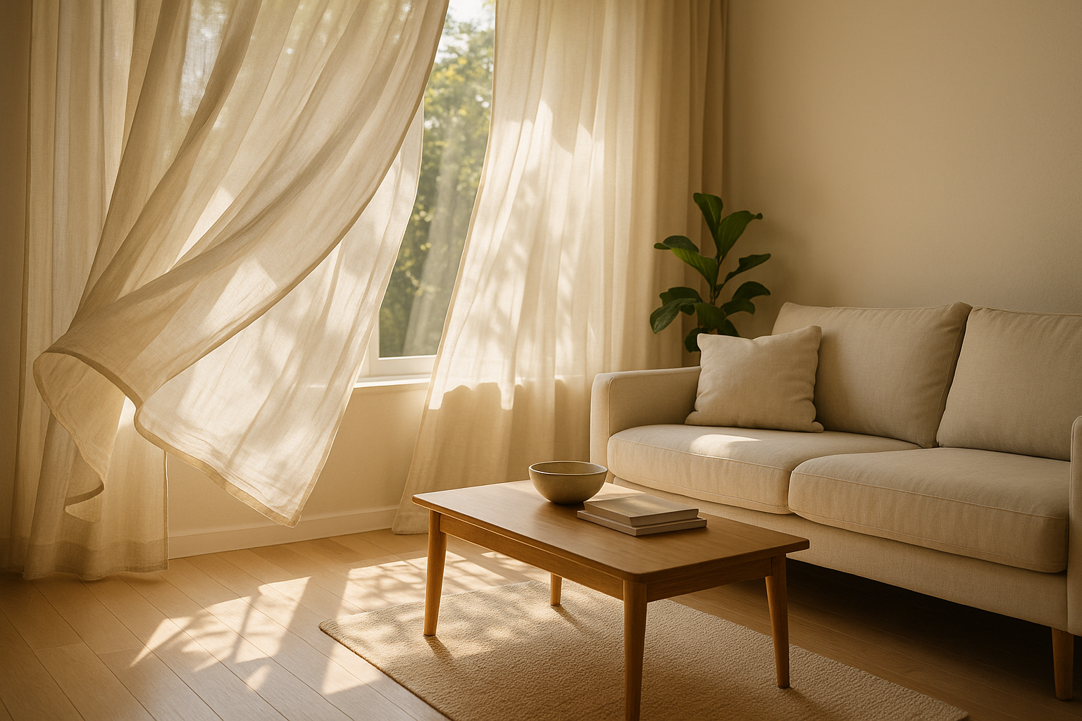 햇살이 들어오는 거실 , 린넨 커튼이 자연스럽게 흩날리는 모습