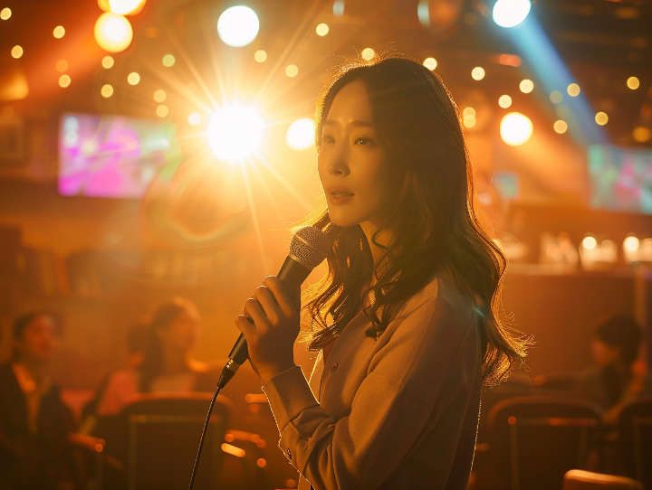 무대 조명 아래 트로트 공연을 기다리는 관객과 진행자의 모습