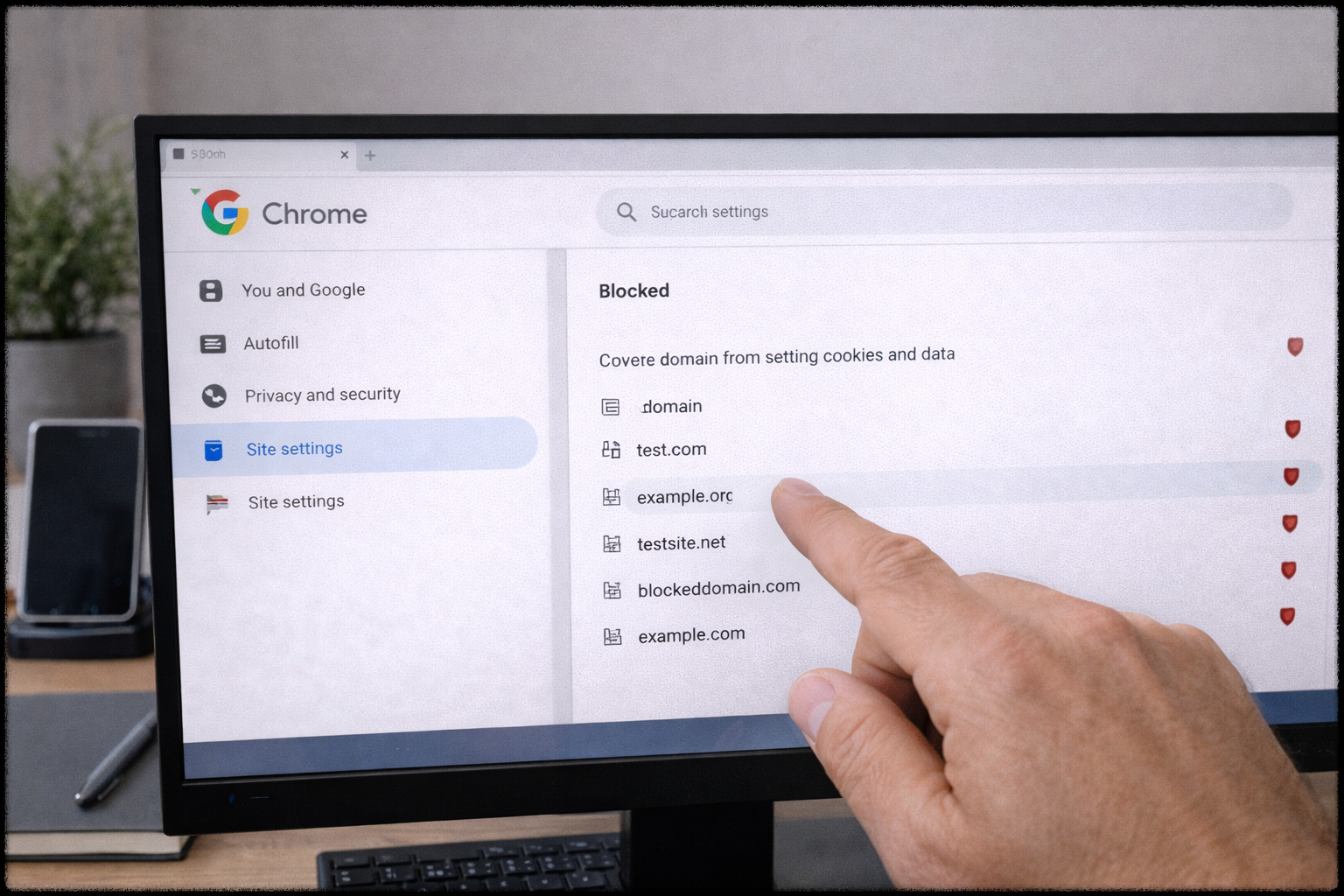 크롬 설정에서 차단된 사이트 목록을 확인하는 모습