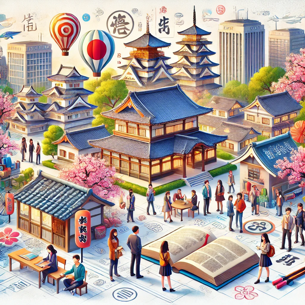 일본, 일본 대학 캠퍼스에서 다양한 배경을 가진 학생들이 벚꽃으로 둘러싸여 공부하는 장면