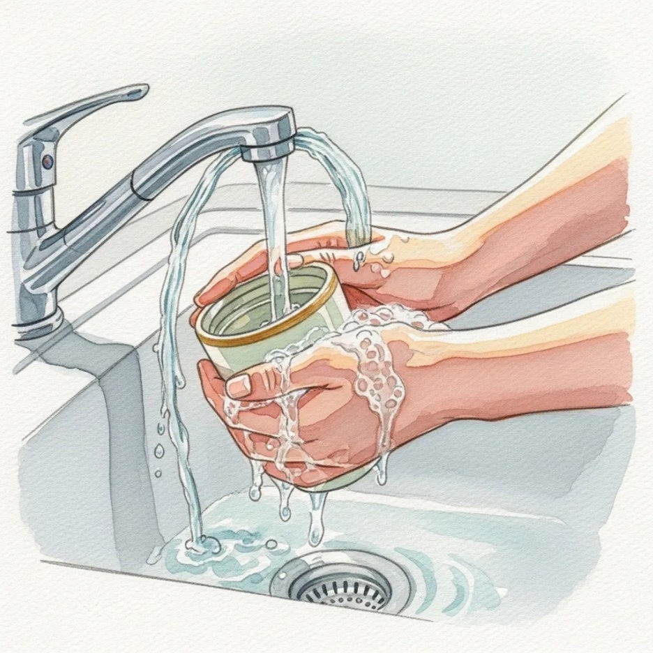 깨끗하게 세척 중인 리유저블컵의 손.