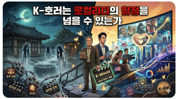 K-호러의 로컬리티와 글로벌 진출을 분석한 썸네일입니다. 좌측은 한국 전통 가옥과 귀신 등 토착적 공포를, 우측은 글로벌 네트워크와 데이터 분석을 통해 세계로 뻗어가는 K-콘텐츠를 시각화했습니다. 중앙의 제작자는 로컬리티의 함정을 넘어 글로벌 장벽을 극복하려는 전략적 고민을 상징합니다.