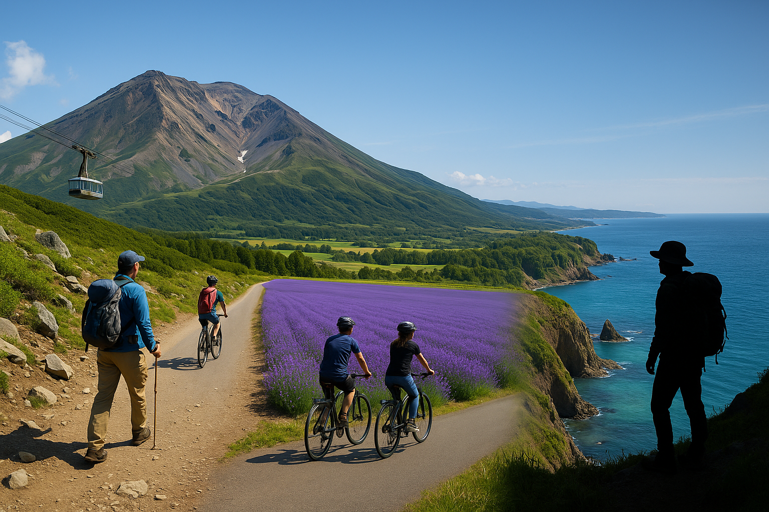 홋카이도의 다이세쓰산 초보자 코스, 후라노·비에이 라벤더 자전거 일주, 샤코탄 반도 해안 절벽 하이킹을 한 장의 사진으로 압축한 풍경