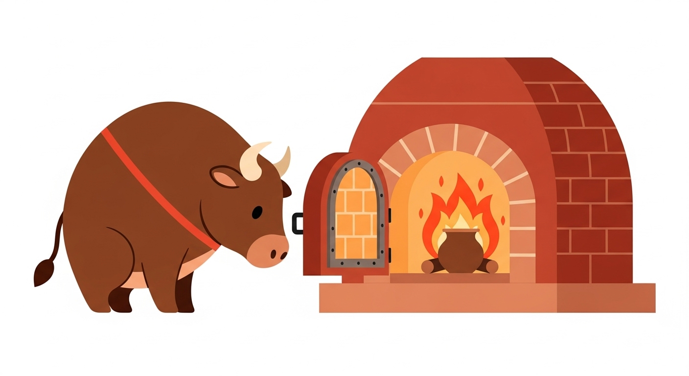 가마에서 도자기를 구워내며 불의 힘으로 더욱 단단해지는 소 캐릭터 일러스트