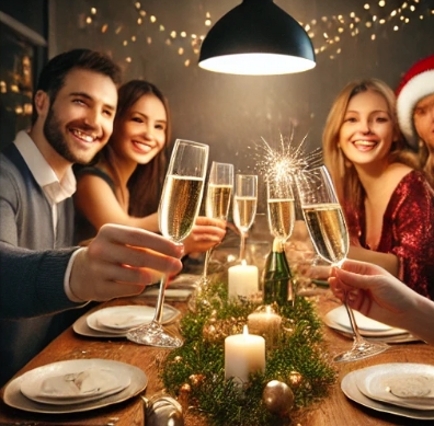 식사자리에서 건배를 하고 있는 사람들의 모습