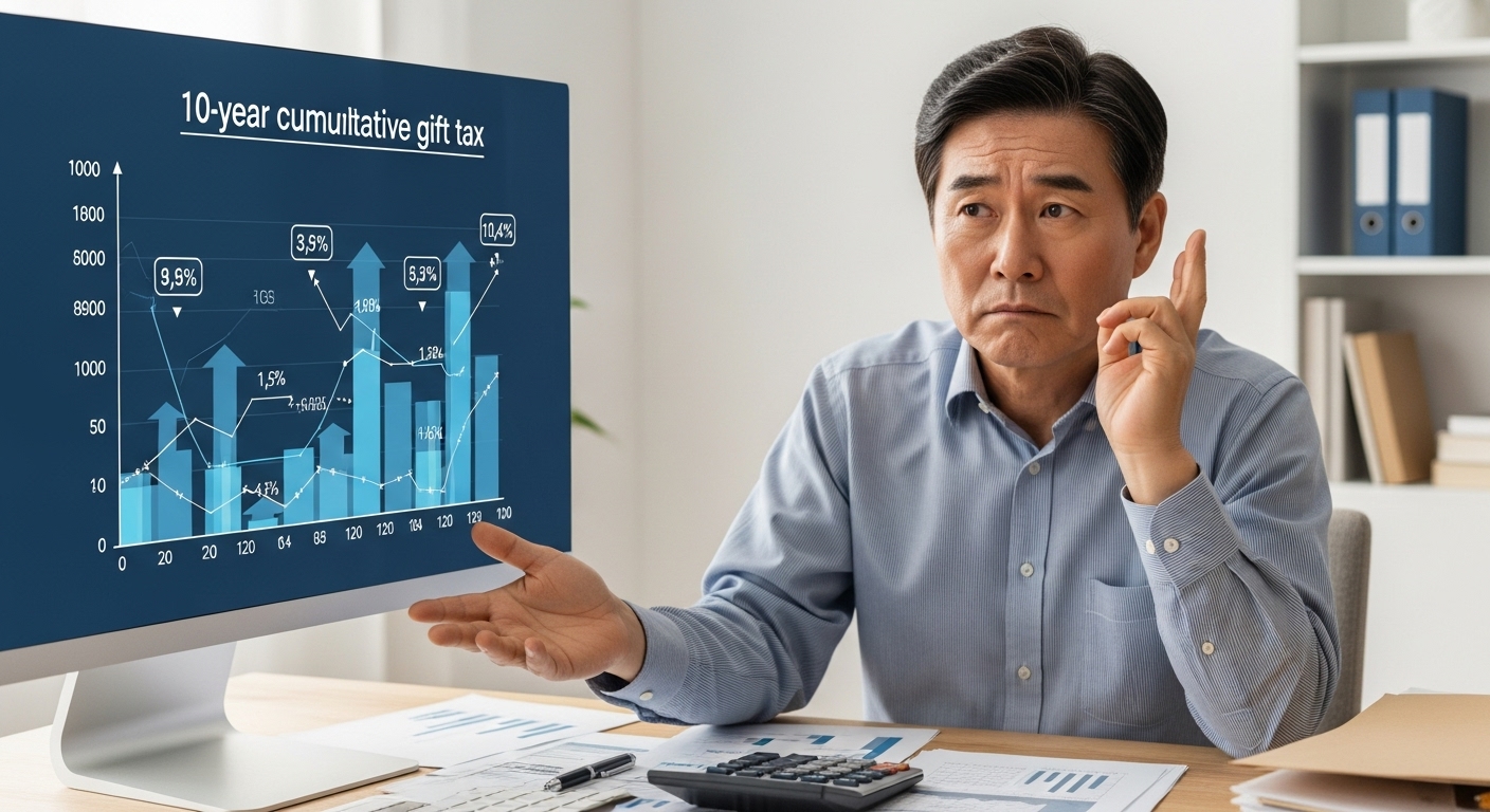 10년 합산 과세 계산에 대해 고민하는 한국인 남성의 모습