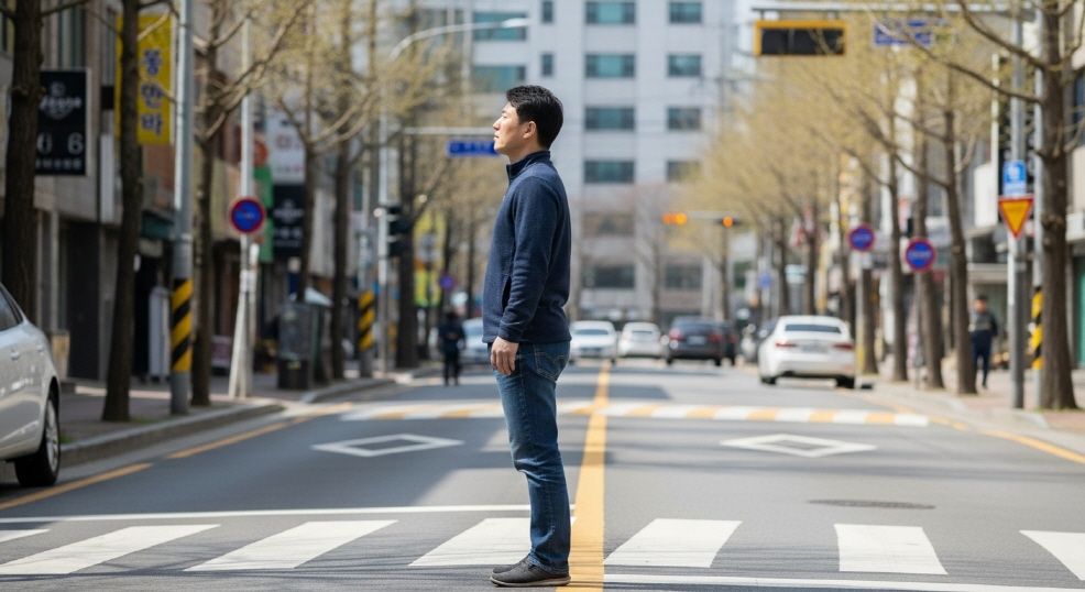 청바지 차림의 40대 남성, 거리에서 깊은 숨