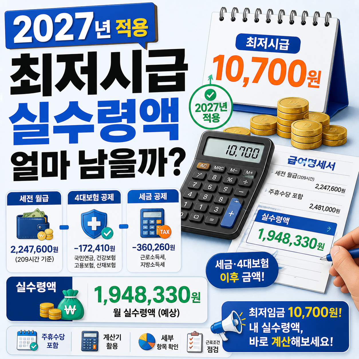2027년 최저시급 실수령액 계산 안내 이미지