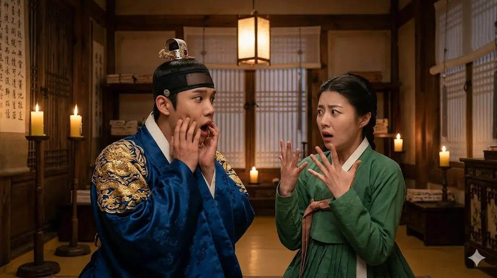 은애하는 도적님아 은조와 열의 영혼이 뒤바뀐 채 서로를 바라보며 경악하고 당황하는 코믹한 장면