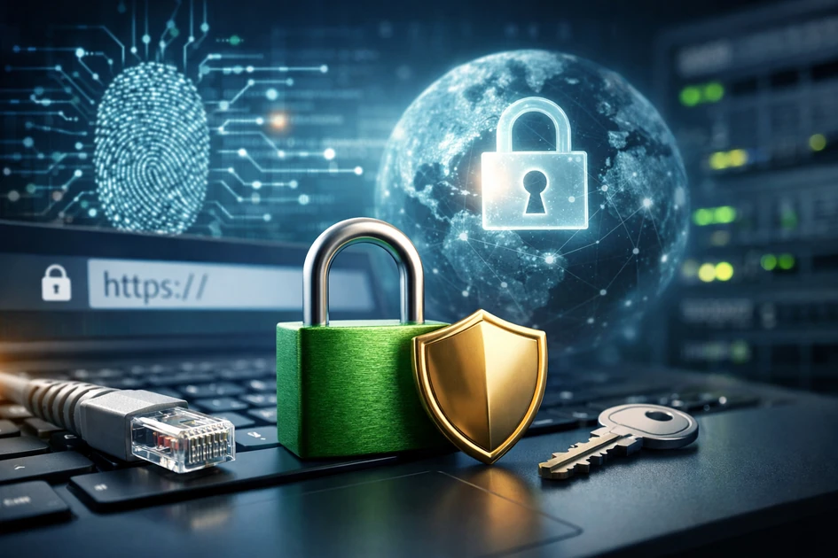 노트북 키보드 위에 자물쇠와 방패 아이콘이 놓여 있고, 화면에는 https 주소 표시와 서버·지문 보안 그래픽이 배경으로 보이는 사이버 보안 이미지