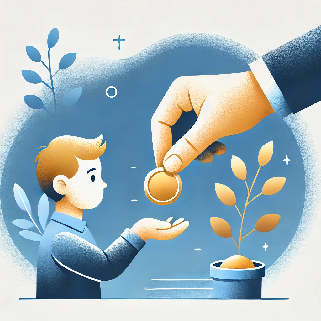 부모 자식 간 증여세 절세를 상징하는 재산 증여 과정 이미지 - 부모가 자녀에게 재산을 안전하게 이전하는 모습, 증여세 절세 전략을 시각적으로 표현한 일러스트