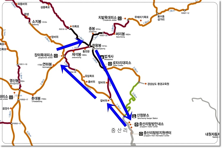 지리산 천왕봉 최단코스 지도