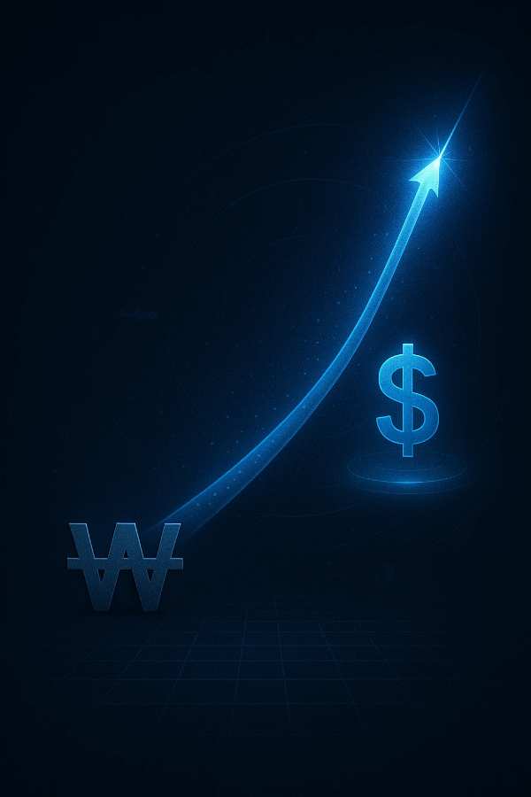 환율 그래프가 상승하는 장면 위에 원화와 달러 기호가 대비되며 통화 가치의 변동을 시각화한 이미지, S&P500 ETF 환율 리스크 설명