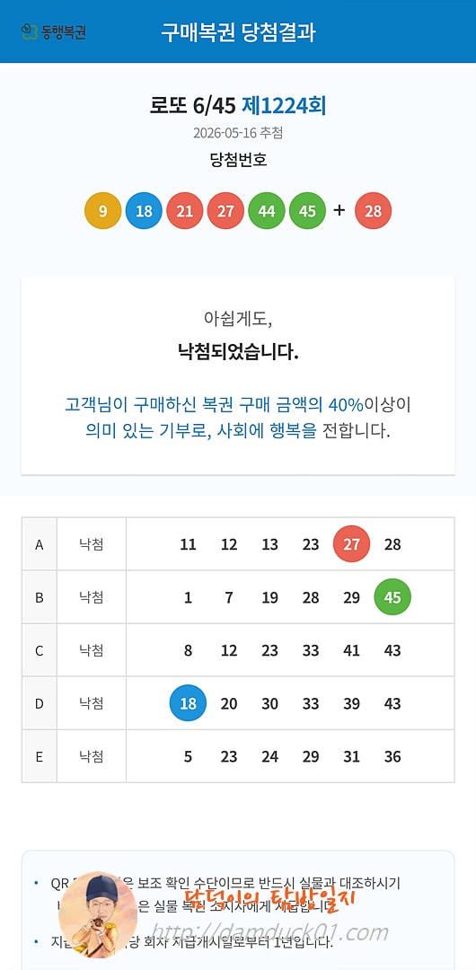 로또 6/45 제1224회 결과