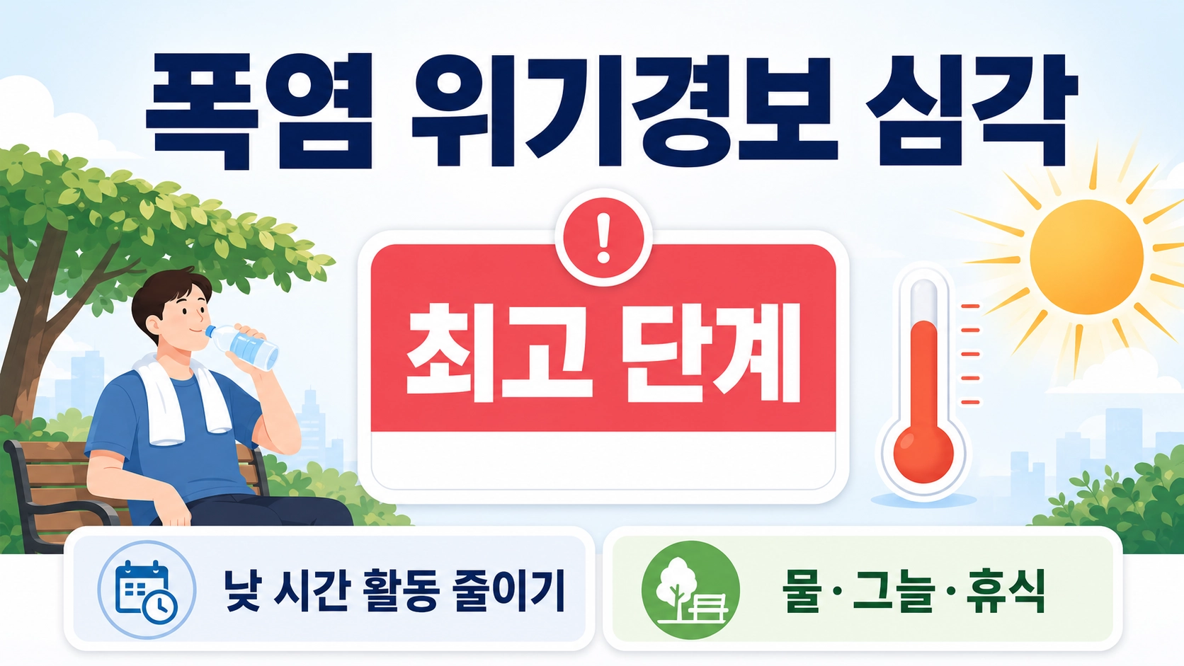폭염 위기경보 심각의 의미와 낮 시간 활동 조정, 물&middot;그늘&middot;휴식 확보를 보여주는 대표 장면