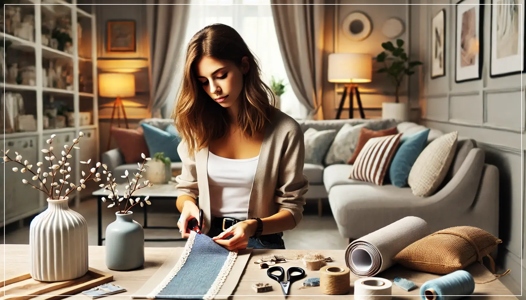 젊은-여성이-스타일리시한-거실에서-DIY-인테리어-아이템을-만드는-과정.-현대적인-가구와-부드러운-조명이-어우러진-따뜻한-분위기-속에서-창의적으로-작업하는-모습