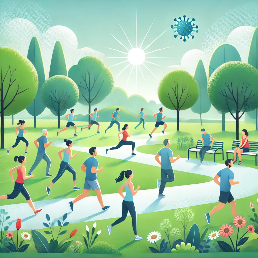 맑은 하늘 아래 녹음이 우거진 공원에서 사람들이 조깅과 스트레칭 같은 야외 운동을 하는 모습. 면역력을 강화하기 위한 신체 활동을 강조하며, 나무와 꽃들로 둘러싸인 평화로운 분위기