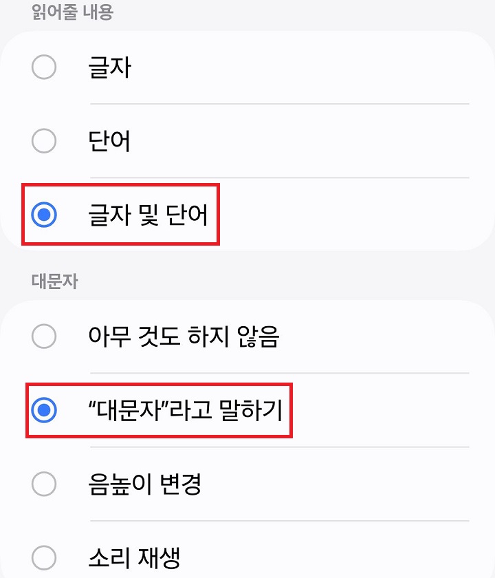 읽어줄 내용과 대문자 선택지 보임