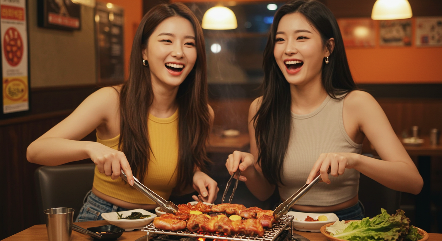 양념갈비를 구워먹는 두 여자