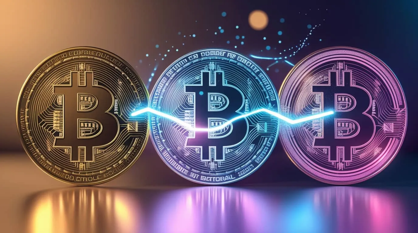 비트코인 DeFi 기술 진화를 보여주는 세 단계 비트코인 심볼 변화 이미지. 전통적인 금색 비트코인에서 미래지향적 DeFi 플랫폼으로 발전하는 과정을 시각화하며, Taproot, Ordinals, BitVM 등 혁신 기술의 발전상을 상징적으로 표현함 (Bitcoin DeFi Evolution, Blockchain Innovation, Cryptocurrency Technology)